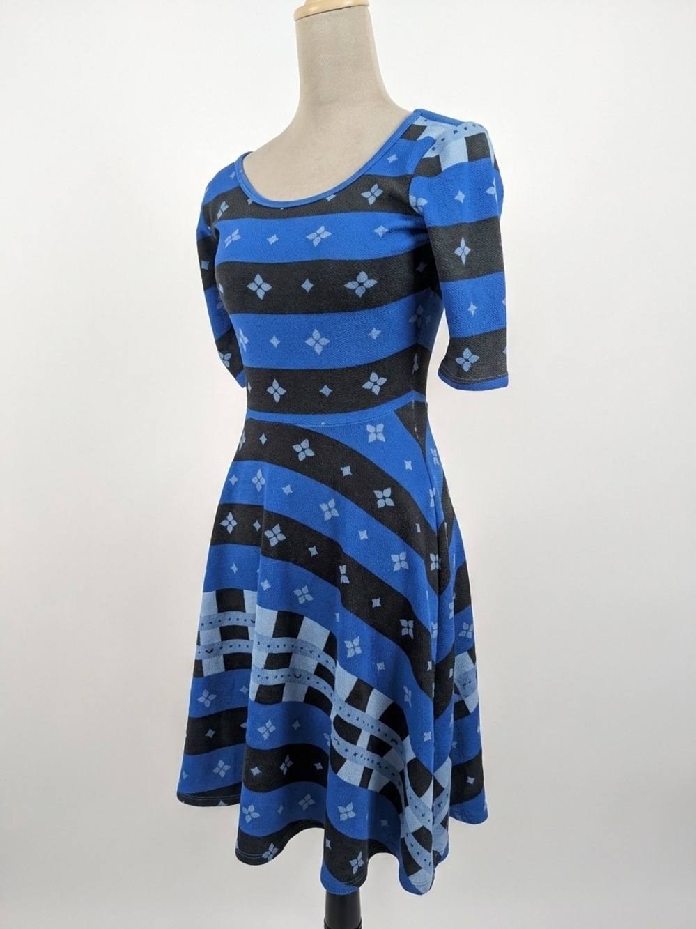 LuLaRoe Blue and Black Striped Fit-and-Flare Midi Dress